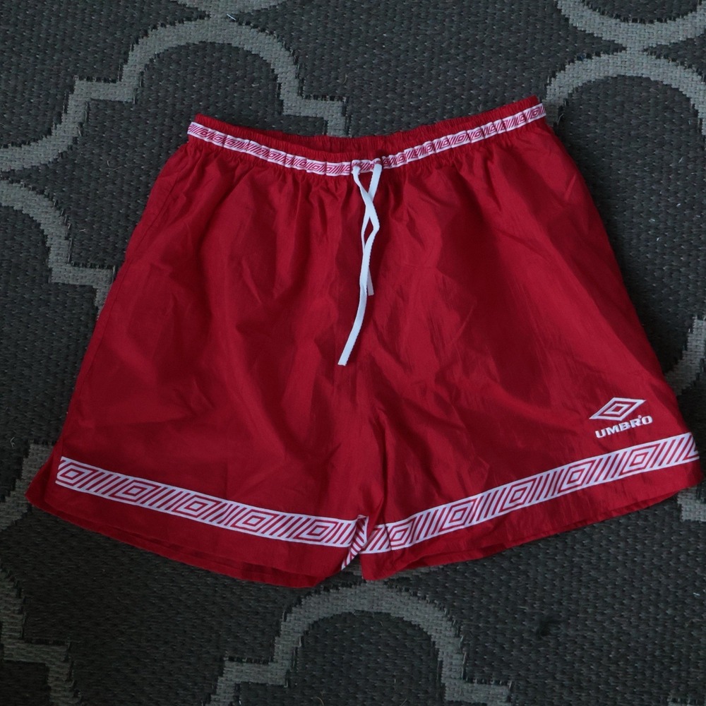 VTG Umbro Tape Logo Graphic Nylon Athletic Soccer Fulbol Shorts Sized XL USA 90s